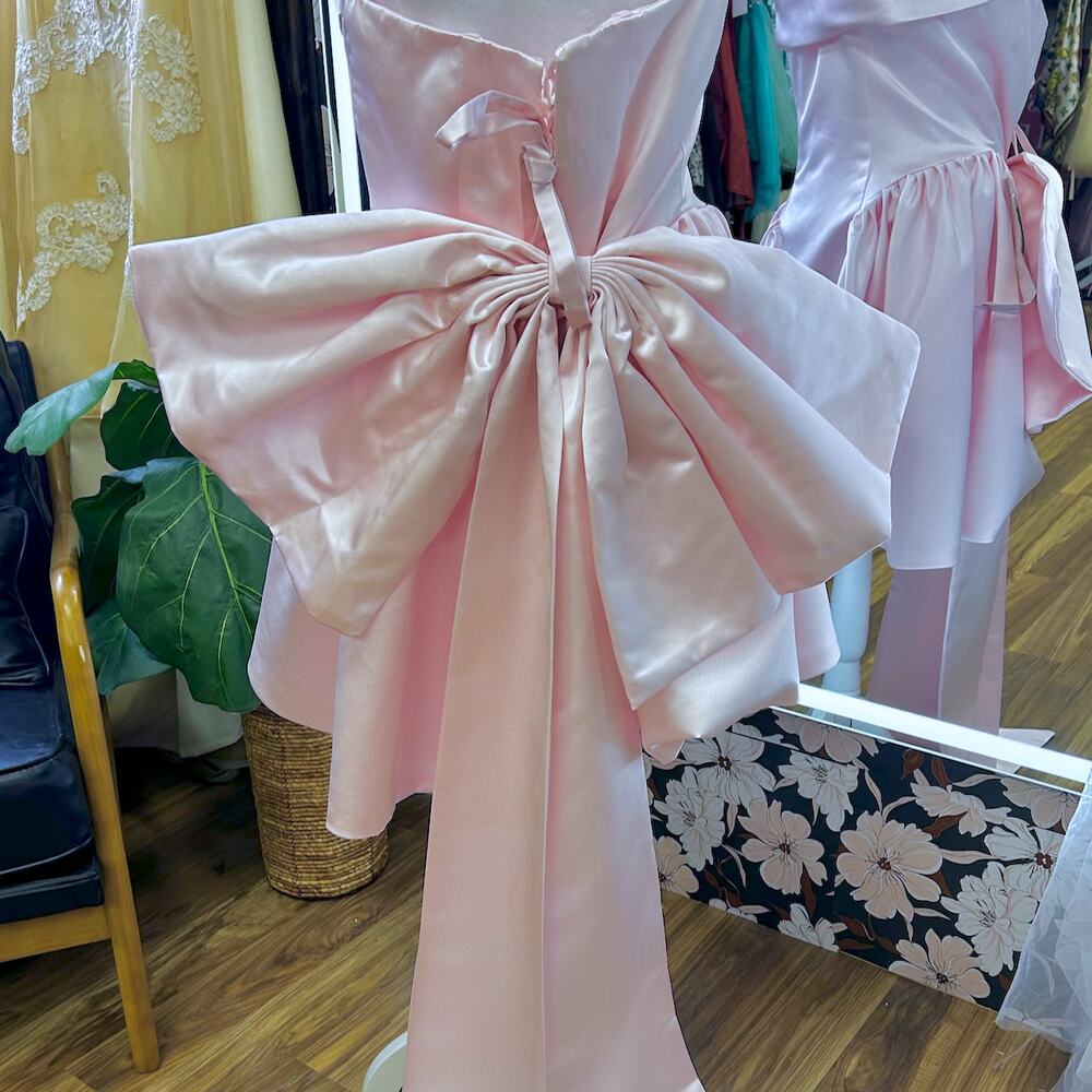 Soft Pink Satin Coquette Formal Dress Ruffle Bodice Dramatic Oversized Bow Train - Picture 5 of 12